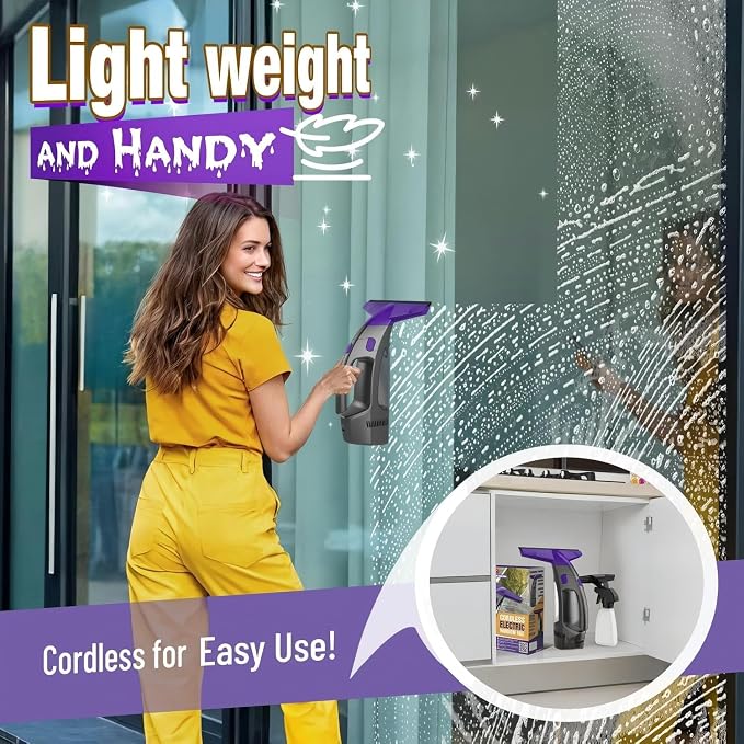 Window Vacuum Squeegee Cordless, 2000Pa Electric Window Cleaner Tool with Power Blade, Handheld Window Cleaning Kit for Streak-Free Glass, Shower Doors, Mirrors, Tiles, Car Windows