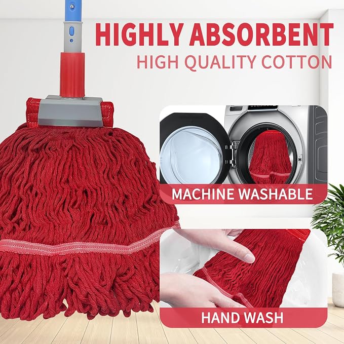 Commercial Mop-Heavy Duty Industrial 59 inch Looped-End String Mop Heavy Duty Industrial Cotton Mophead Includes 2 Head for Home,Garage, Workshop, Warehouse Floor Cleaning-red