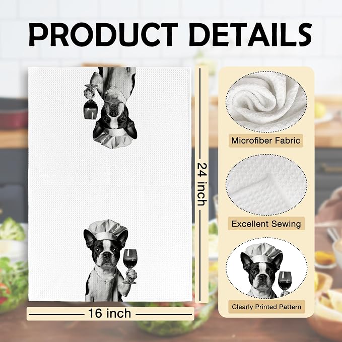 Funny Chef Boston Terrier Kitchen Towels Set of 2, Boston Terrier Dog Gifts for Women Dish Tea Towels for Kitchen, Dog Mom Lovers Owner Gifts Decorative Hand Towel, 16x24 Inch