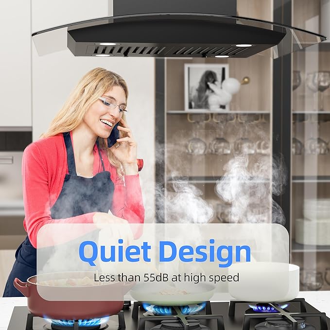 FIREGAS Black Island Mount Range Hood 30 inch with 700 CFM, Ceiling Mount Kitchen Vent Hood Ducted/Ductless Convertible, 4 LED Lights, 3 Speed Exhaust Fan, 2 charcoal fiters, Black