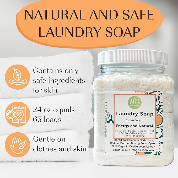 Natural Laundry Detergent Soap | Hypoallergenic Deep Cleaning Washing Powder | Eco-Friendly, Safe, and Effective BORAX, SODA ASH, EPSOM SALT, BAKING SODA and CASTILE SOAP (65 Loads) (Citrus)