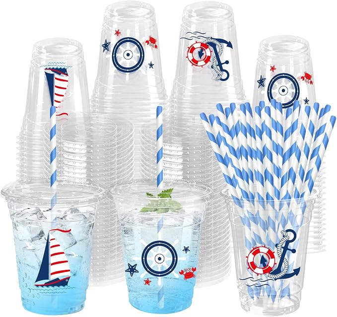 50 Sets Ocean Plastic Cups with Lids Straws 12 oz Blue Starfish Seashell Bow Disposable Cups Clear Under The Sea Drinking Cold Beverage Cup for Summer Beach Party Supplies