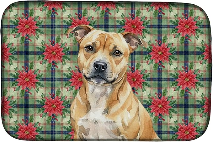 Caroline's Treasures Fawn Staffordshire Bull Terrier Christmas PoinsettIas Dish Drying Mat Absorbent Dish Drying Mat Pad for Kitchen Counter Dish Drainer Mat for Countertop, 14 x 21", Multicolor