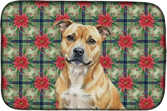 Caroline's Treasures Fawn Staffordshire Bull Terrier Christmas PoinsettIas Dish Drying Mat Absorbent Dish Drying Mat Pad for Kitchen Counter Dish Drainer Mat for Countertop, 14 x 21", Multicolor