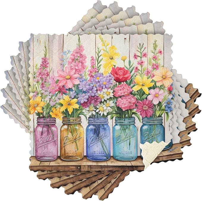 ALAZA Kitchen Towels Spring Floral Jars Rustic Dish Towels Multipurpose Reusable Dish Cloths Soft Cleaning Cloth Kitchen Accessories Set of 6,11"x11"