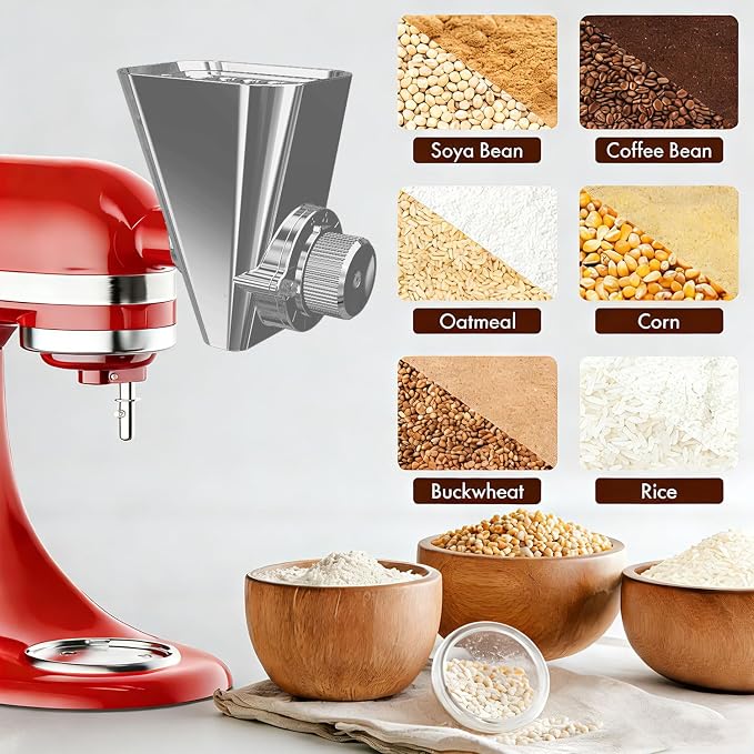 Grain Mill Attachment for KitchenAid Stand Mixer, All Metal Grain Mill Flour Mill for Kitchen Aid Accessories, Suitable for Grinding Non-Oily Dry Grain Corn, Coffee Bean, Millet, Wheat and Cereals