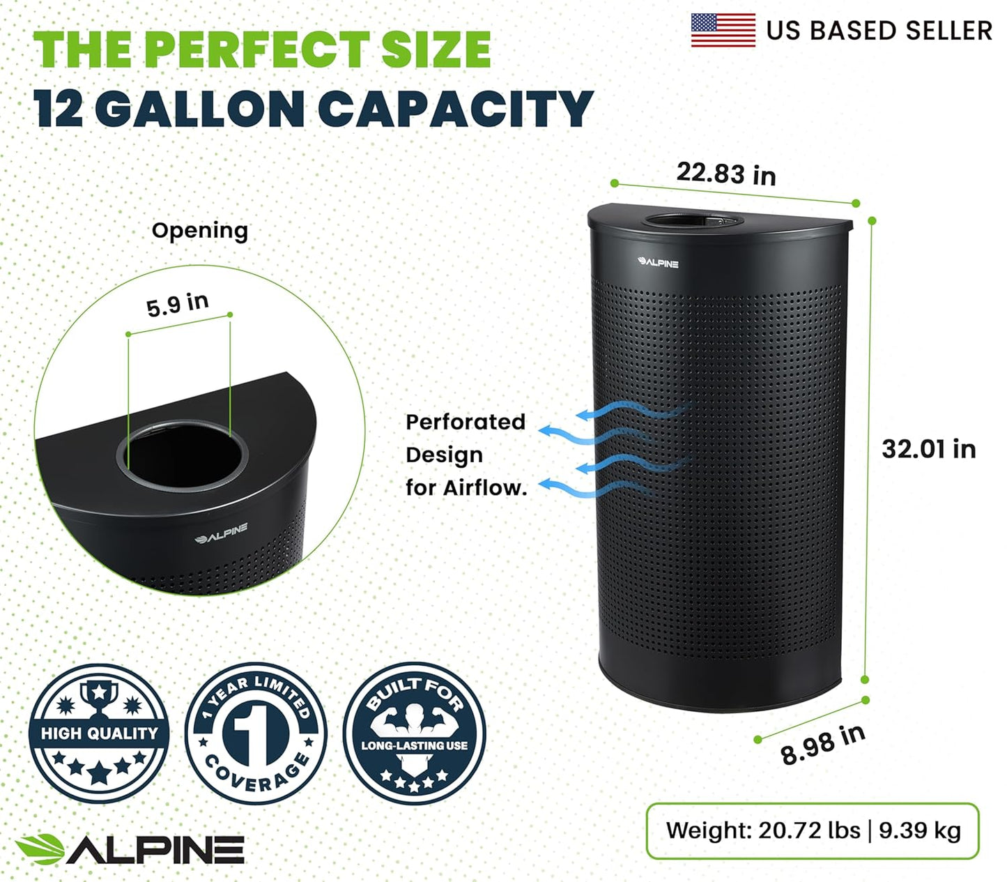 Alpine Half Round Trash Can Open Top - Modern Black Metal 12 Gallon, Space Saving Indoor Commercial Trash Can, Narrow Garbage Can for Bathroom, Office, Lobby and Business.