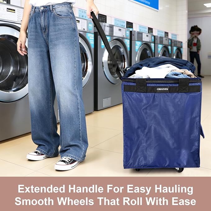 (Medium,Blue) Reusable Grocery Bag on 4 Wheels, 70L Foldable Rolling Tote Bag with 3 Handles and Zipper, Rolling Shopping Cart for Groceries, Storage, Laundry, Travel, Organizer, 76lb