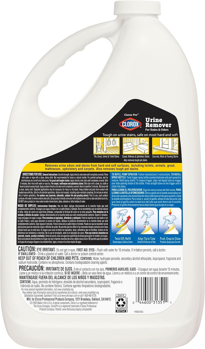 CloroxPro Urine Remover for Stains and Odors Refill, 128 Ounces Each, Pack of 4 (Package May Vary)