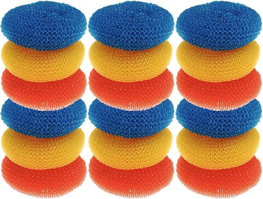 LOLA Plastic Mesh Scouring Pads - 18 Pack, 3.375" x 1.25", Non-Scratch Scrubbers to Clean Dishes, Assorted Colors - 1 Red, 1 Blue & 1 Yellow