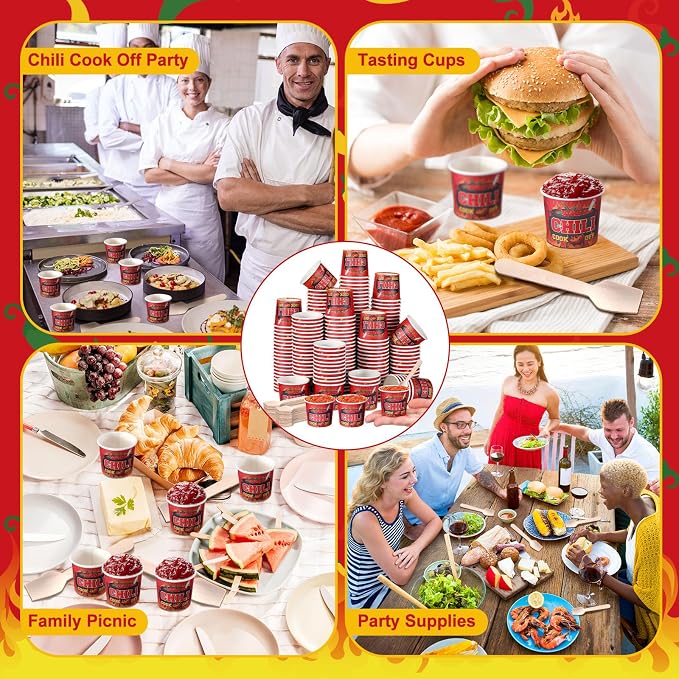 Teenyyou 100 Pcs Chili Cook off Party Decorations, 50 Pcs 2 oz mini Chili Cook off Tasting Cups Disposable Sample Paper Cups and 50 Wooden Spoons for Competition Prizes Party Cooking Supplies (Red)