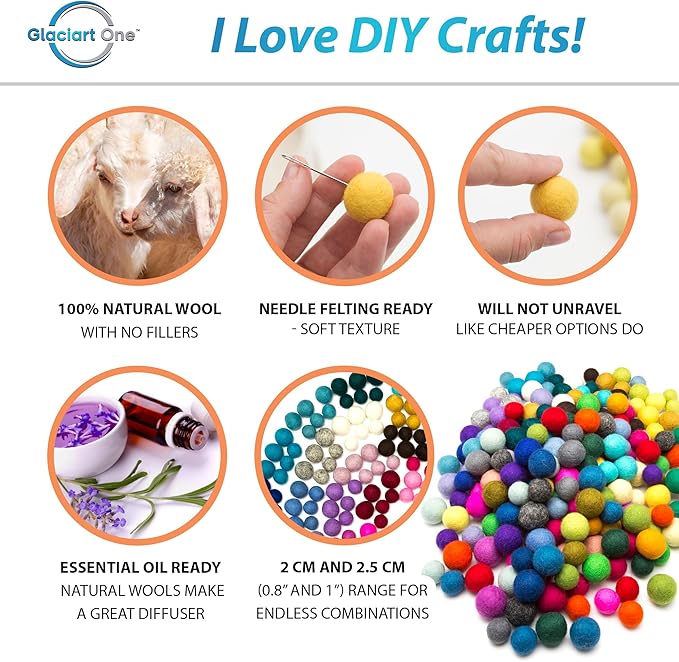 Glaciart One Felt Pom Pom, Felt Balls for Crafts (240 pcs) | 40 Rainbow Colors & 2 Sizes from 0.8 to 1 Inch | Perfect for Garlands, DIY Crafts and Decoration