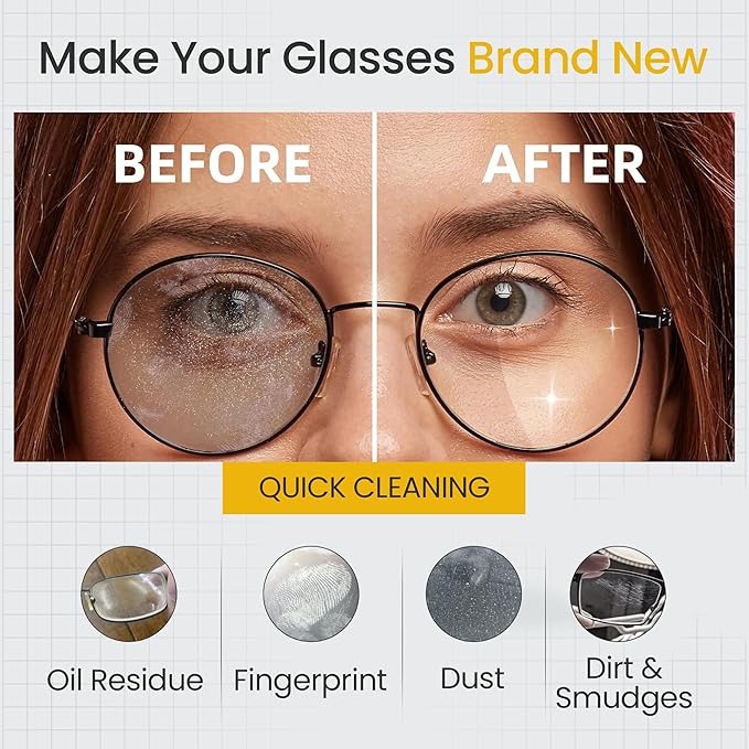 Lens Cleaner Spray & Microfiber Cloth Kit – 2 × 60 ml Lens Cleaner + 2 × 150×180 mm Ultra-Soft Microfiber Cloths (Yellow, Black) for Eyeglasses, Screens & Cameras – Pack of 4