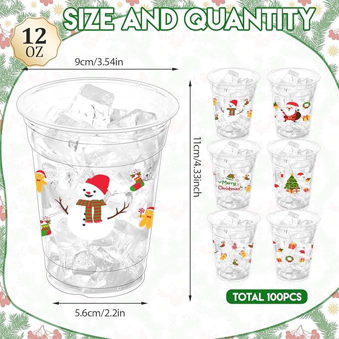 100 Pcs Christmas Party Cups, 12oz Disposable Cups Merry Christmas Disposable Clear Cups Plastic Party Cups for Party Favors Holiday Party Supplies