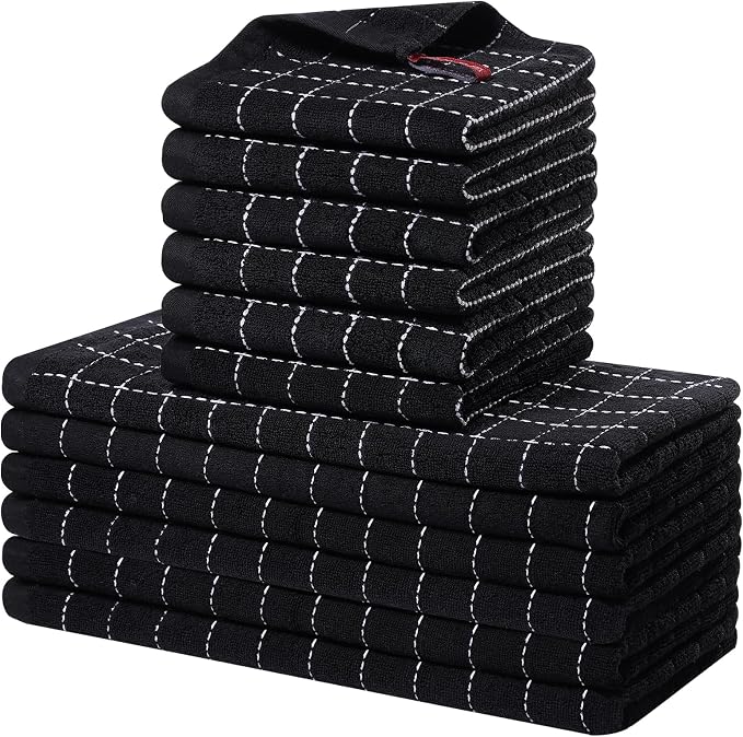 Homaxy Kitchen Towels and Dishcloths Set, 12 x 12 and 13 x 28 Inches, Set of 12 Bulk Cotton Terry Kitchen Towels Set, Checkered Designed, Soft and Super Absorbent Dish Towels, Black