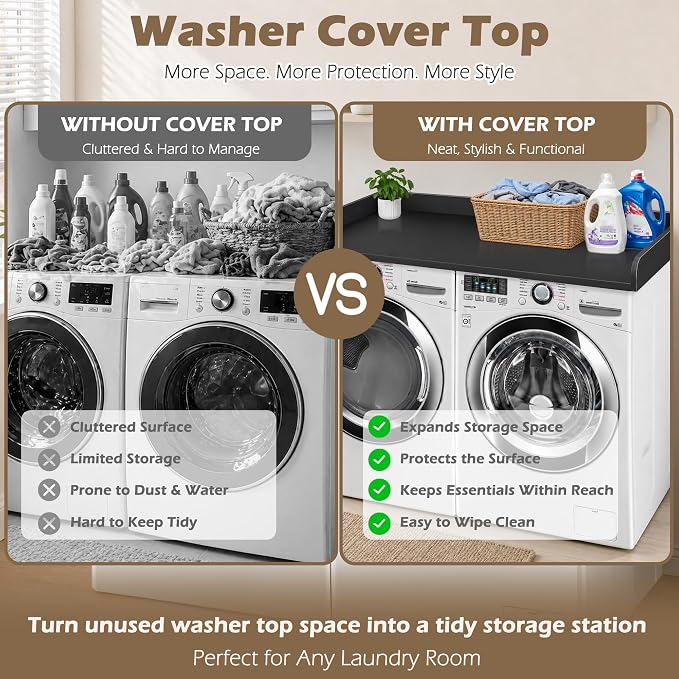Royxen Washer Dryer Countertop with Solid Wood Core,54“W x 27.5D Laundry Countertop with Edge Rails,Washer and Dryer Topper for Laundry Room Organization (Black)