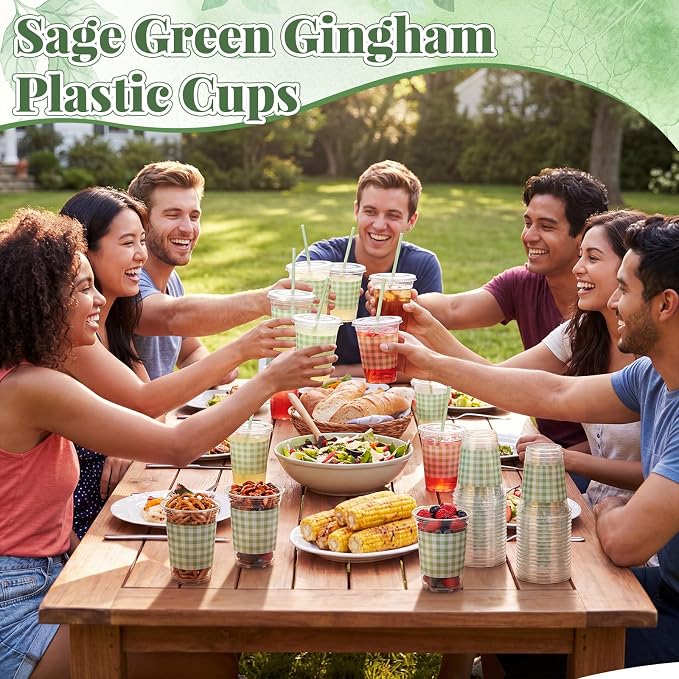 Domensi 25 Sets Sage Green and White Gingham Plastic Cups with Lids and Paper Straws 12oz Checkered Party Disposable Cups Bulk Drinking Cup for Cold Drinks Baby Shower Wedding Birthday Party Supplies