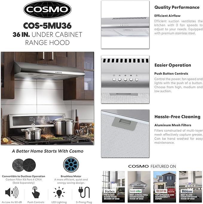 COSMO COS-5MU36 36 in. Delta Collection Ducted Under Cabinet Range Hood, Button Controls, Reusable Filters, LED Lights, Stainless Steel