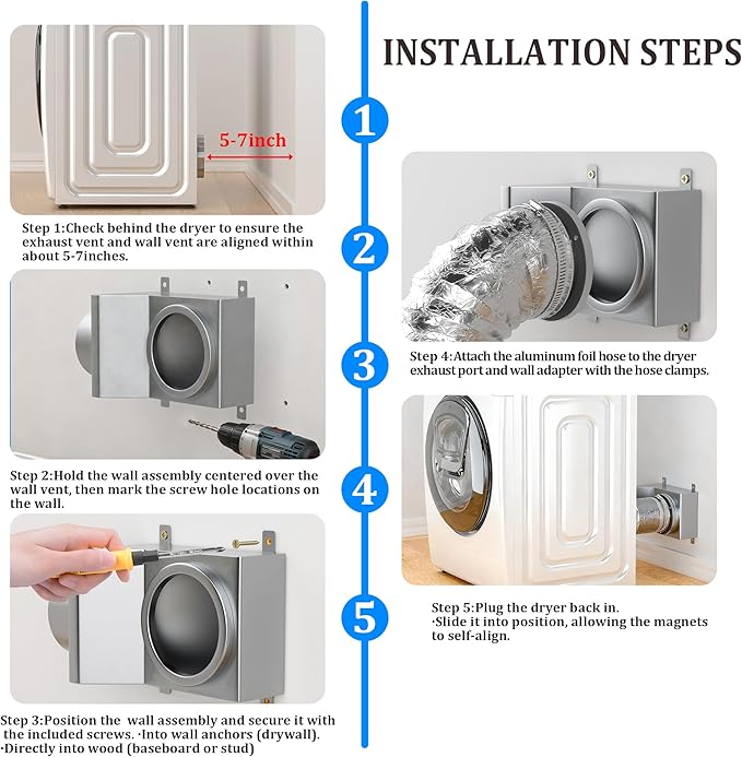 Magnetic Dryer Vent Coupler 90 Degree Elbow, Strong Magnetic Self-Connection Dryer Vent Connector Kit, Stainless Steel Airtight Seal for Dryer Venting, Includes 2.6ft 4IN Duct & Clamps