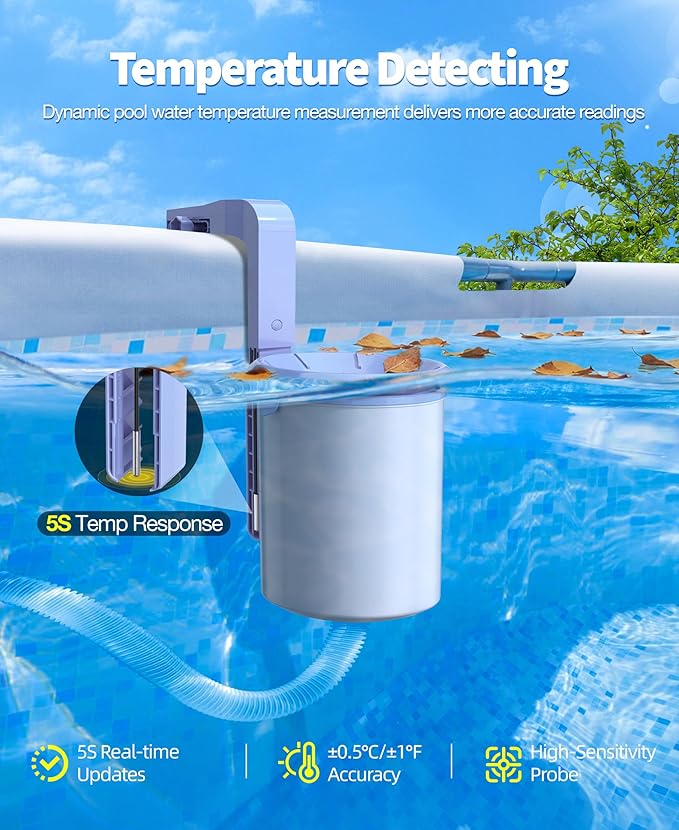 DeeprClean Newly Above Ground Pool Skimmer with Solar Digital Thermometer, Wall Mount Surface Skimmer with Adjustable Height Bracket, Auto Skimming for Pool Surface Floating Leaves & Debris-Lavender