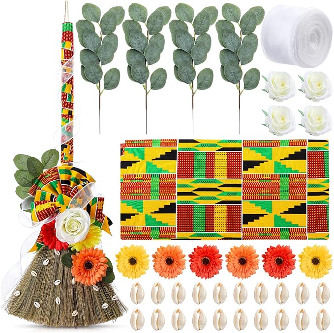 Yungyan Wedding Brooms for Jumping Ceremony Kente Bride Bridegroom DIY Whisk Brooms 12 x 29 Inch with Kente Cloth Gerbera Daisies African Shells for Wedding Ceremony Craft