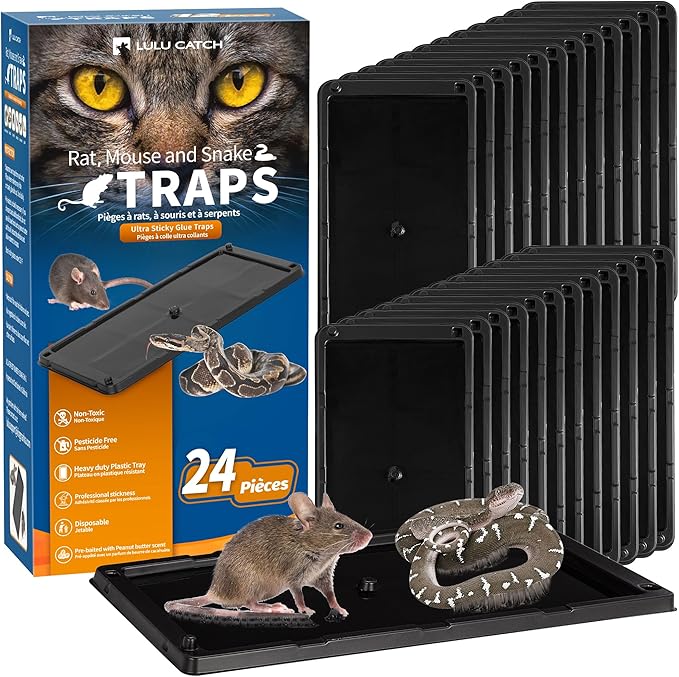 LULUCATCH Mouse Traps, 24 Pack Large Glue Traps Mouse Traps Indoor for Home, Pre-Baited Non-Toxic Bulk Glue Boards for Mice, Snakes, Rat, Lizard, Cockroach & Spiders, Pet Safe, Easy to Use