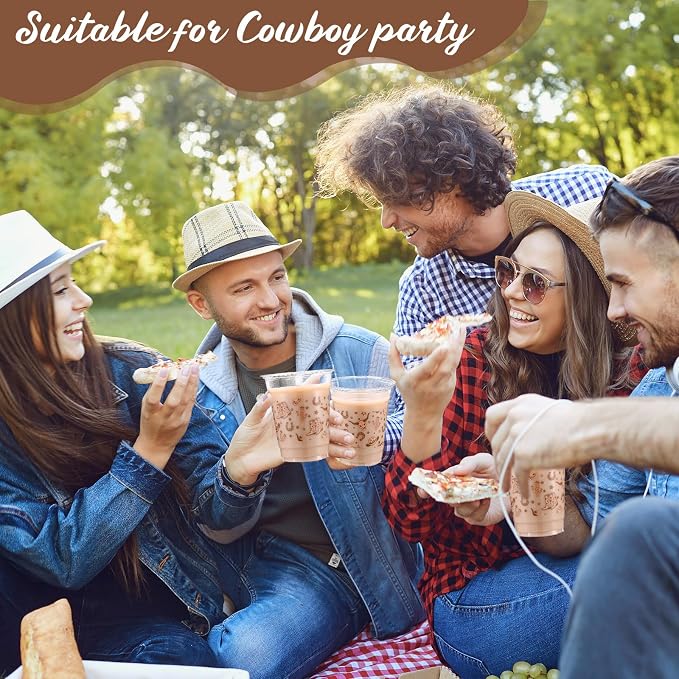 Jingmore 100 Pcs Western Plastic Cups 12 oz Clear Disposable Plastic Cowboy Cowgirl Drinking Cups Bulk for Boho Preppy Baby Shower Birthday Wild West Party Decoration Supplies(Western Cowboy,Brown)