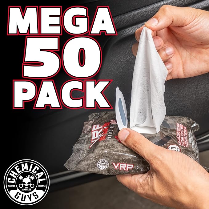 Chemical Guys PMWTVD10750 VRP Shine and Protectant Wipes Mega 100 Pack, For Vinyl, Rubber and Plastic Non-Greasy Dry-to-the-Touch Long Lasting Super Shine Dressing for Tires, Trim and More, (50 Ct)