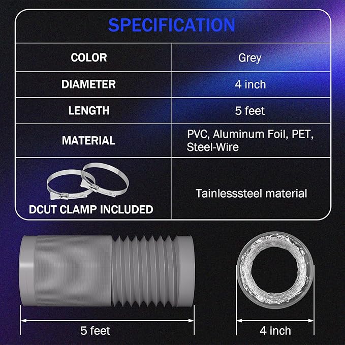 HOXHA 4" Dryer Vent Hose Dryer Duct, Insulated Air Ducting Flexible Exhasut Hose for Window Duct Kit, Dryer Window Vent Kit, HVAC Ventilation, 5 Ft