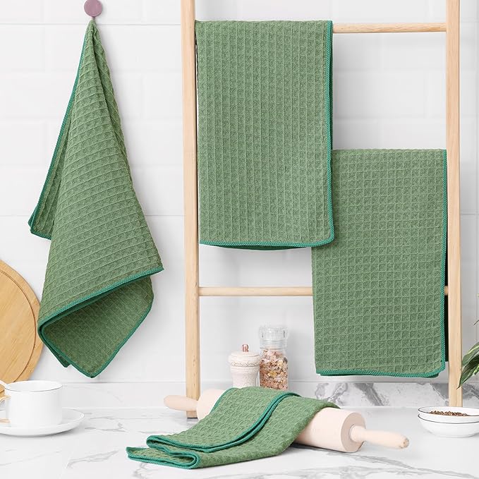 Homaxy Microfiber Waffle Weave Kitchen Towels, 16 x 28 Inch Ultra Absorbent and Solid Color Dish Towels, 8 Pack, Grass Green