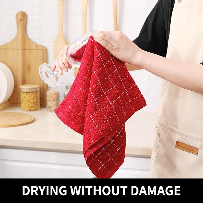 Homaxy Kitchen Towels and Dishcloths Set, 12 x 12 and 13 x 28 Inches, Set of 12 Bulk Cotton Terry Kitchen Towels Set, Checkered Designed, Soft and Super Absorbent Dish Towels, Red