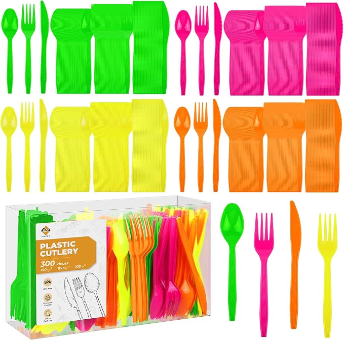 300 Pieces Neon Party Plastic Cutlery Set Colorful Disposable Silverware Sets Included 100 Neon Party Forks 100 Spoons & 100 Knives for Neon Party Favors Birthday Party Supplies, 4 Colors