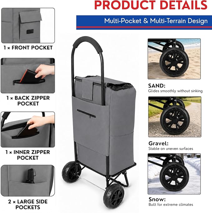 Shopping Cart, Super Loading Grocery Trolley, 220 lbs Capacity, Foldable Cart with Extra Large 55L Shopping Bag Portable Grocery Utility Cart with Adjustable Bungee Cord (Gray)