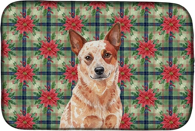 Caroline's Treasures Red Heeler Australian Cattle Dog Christmas PoinsettIas Dish Drying Mat Absorbent Dish Drying Mat Pad for Kitchen Counter Dish Drainer Mat for Countertop, 14 x 21", Multicolor