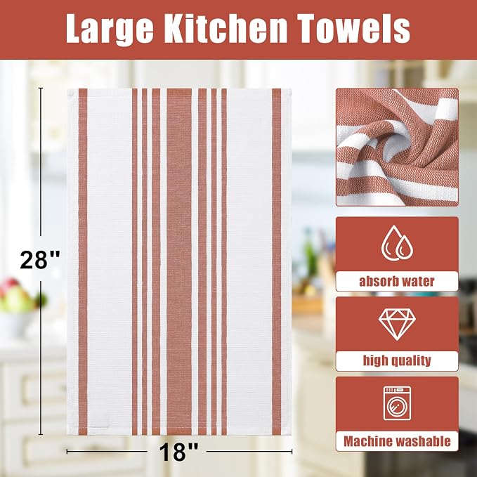 Homaxy Premium Kitchen Towels 18”x 28”, Large Cotton 380 GSM Kitchen Hand Towels, Stripe and Terry Dish Towel, Highly Absorbent Tea Towel Set with Hanging Loop, 3 Pack, Rust