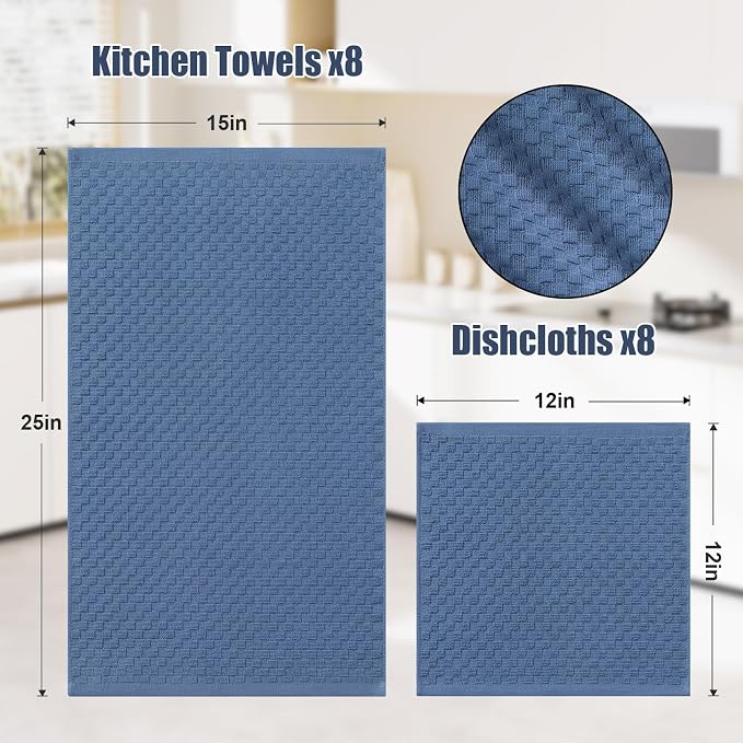 Homaxy 100% Cotton Kitchen Towels and Dishcloths Set, 12 x 12 & 15 x 25 Inches, Set of 16 Bulk Terry Cloth Dish Towels, Super Soft and Absorbent Hand Towel with Hanging Loop, Navy Blue