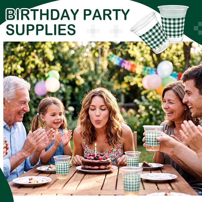 Qinyoung Checkered Plastic Cups 12oz Gingham Party Disposable Cups Bulk Drinking Cup for Cold Drinks Baby Shower Wedding Summer Birthday Party Supplies(Dark Green and White,50 Pcs)