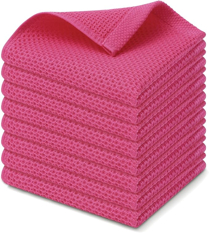 Kitinjoy 100% Cotton Kitchen Dish Cloths (12 X 12 Inches, Hot Pink), 8 Pack Waffle Weave Ultra Soft Absorbent Dish Towels for Drying Dishes Quick Drying Kitchen Towels Dish Rags