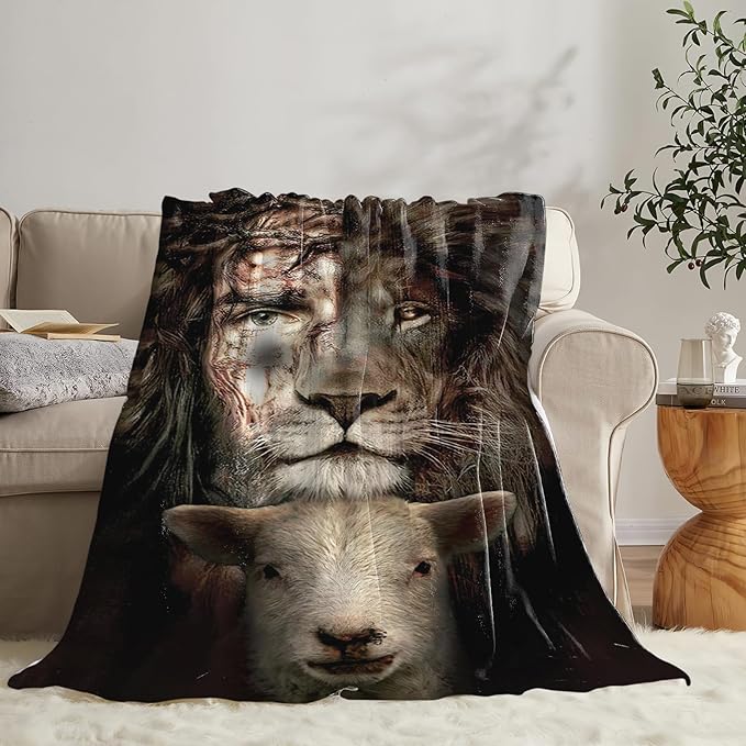 Tijuboni Lion Lamb Throw Blanket Christian Religious Gifts for Women Men Girls Boys Kids Adults Soft Flannel Fleece Blanket for Couch Sofa Bed Home Decor 50"x60"