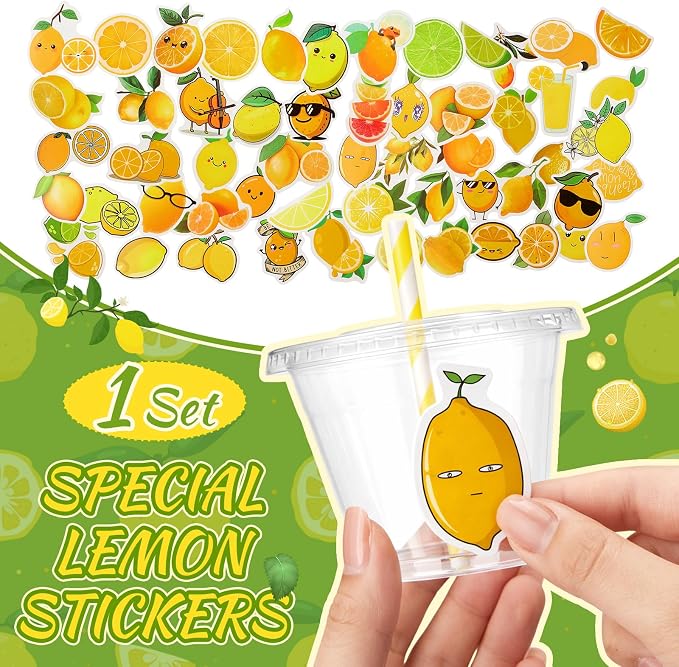 100 Pcs 9 oz Lemonade Stand Supplies, Lemonade Plastic Cups with Flat Lids Straws & Lemon Stickers, Clear Cold Beverage Paty Cup for Summer Birthday Party Lemon Decoration