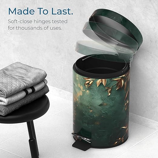 Sanilo Small Bathroom Trash Can with Lid [1.3 Gallon] - Lidded Tiny Trashcan for Garbage - Mini Metal Bin with Soft Closing Mechanism - Bath Room Accessoire Wastebin with Inner Bucket (Greego)