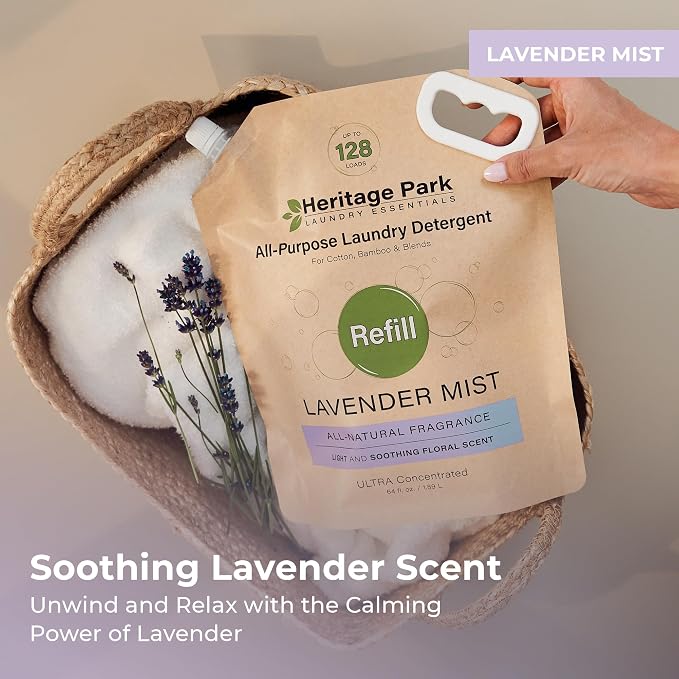 Heritage Park Luxury Laundry Detergent | Dermatologist Tested Plant based Natural & Enzyme Laundry Detergent | Sensitive Skin Friendly - Lavender Mist (64 fl oz Refill)