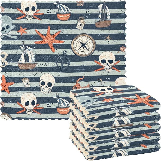 Blue Pirate Skull Sailboat Starfish Compass Kitchen Towels Dish Cloths Set of 6 Microfiber Cleaning Cloths for Cars Super Absorbent Machine