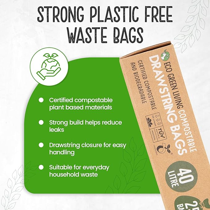 Eco Green Living 40L Compostable Biodegradable Food Waste Bin Bags, Thick, Strong & Leakproof. Caddy Liners 100% Plant-Based, Plastic-Free, Drawstring Bin Liners, Fits 30–40L Bins, 50 Bags