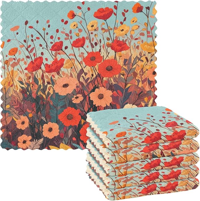 Autumn Poppy Flowers06 Kitchen Towels Dish Cloths Set of 6 Microfiber Cleaning Cloths for Cars Super Absorbent Machine
