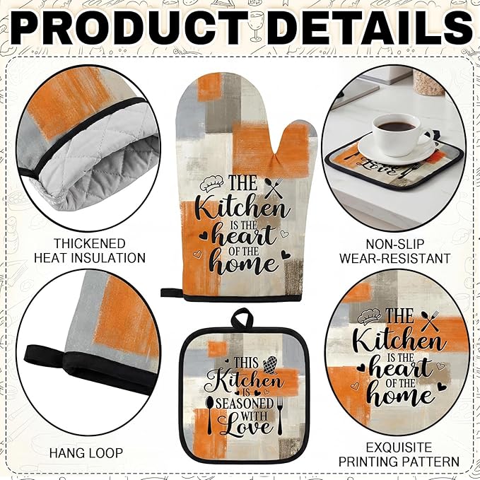 10 Pcs Orange Beige Kitchen Decor and Accessories Set, 4 Dish Towels Kitchen Rugs 2 Oven Mitts 2 Pot Holders, Home Decor for Cooking Baking BBQ Gifts Women Mom Housewarming