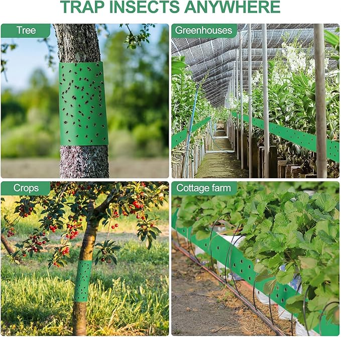 4 Rolls 260ft Lantern Fly Tree Tape Outdoor Adhesive Crawling Insect Trap Sticky Traps Sticky Barrier Protecting Trees Outdoor Indoor Fruit Tree Lawn Garden Control Aphids Ant Moth (Green)