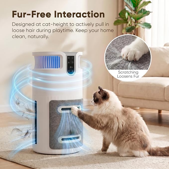 Greesum Pet Air Purifier for Cats, 320m³/h CADR Smart Air Cleaner with Cat Scratcher & Catnip Ball, 4-Color PM2.5 Indicator, App Control, Child Lock, Washable Body, Odor & Pet Hair Removal for Home