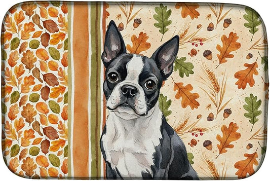 Caroline's Treasures Boston Terrier Heirloom Fall Dish Drying Mat Absorbent Dish Drying Mat Pad for Kitchen Counter Dish Drainer Mat for Countertop, 14 x 21", Multicolor