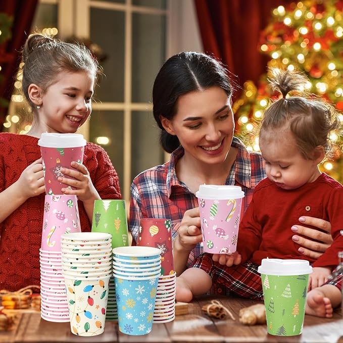 200 Set Christmas Coffee Paper Cups with Lids 12oz, Bulk Disposable Colorful Party Cups, 5 Styles Xmas Holiday Cups for Hot Chocolate Cold Drinks Christmas New Year Winter Party Supplies Decorations